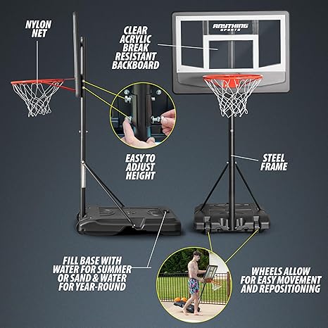 Pool Basketball Goal with Backstop- 10x8 feet of Coverage, Adjustable Pool Basketball Hoop, 23x33 inch Backboard