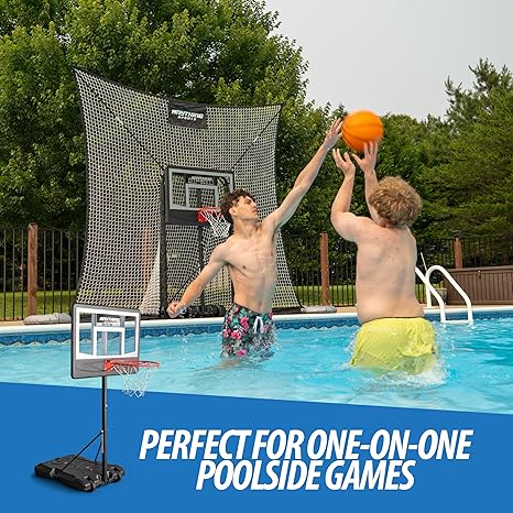 Pool Basketball Goal with Backstop- 10x8 feet of Coverage, Adjustable Pool Basketball Hoop, 23x33 inch Backboard
