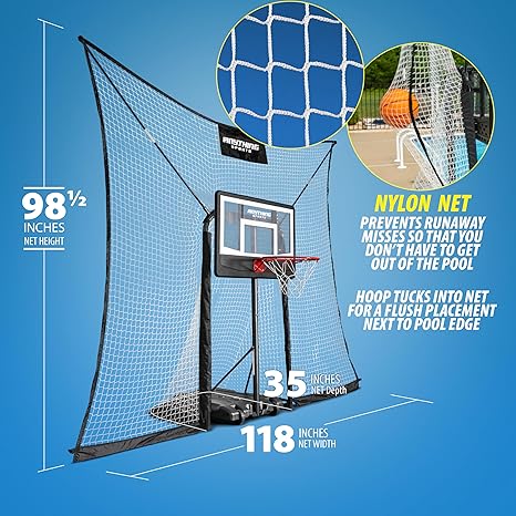 Pool Basketball Goal with Backstop- 10x8 feet of Coverage, Adjustable Pool Basketball Hoop, 23x33 inch Backboard
