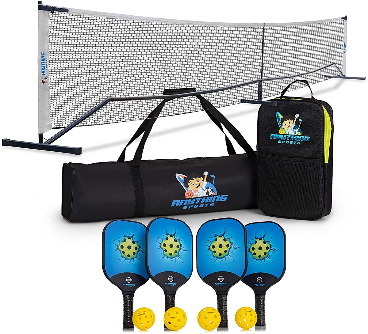 ANYTHING SPORTS - 3 in 1 Pickleball Bundle - Pickleball Net, 4 Carbon Fiber Paddles and 4 Pickleballs