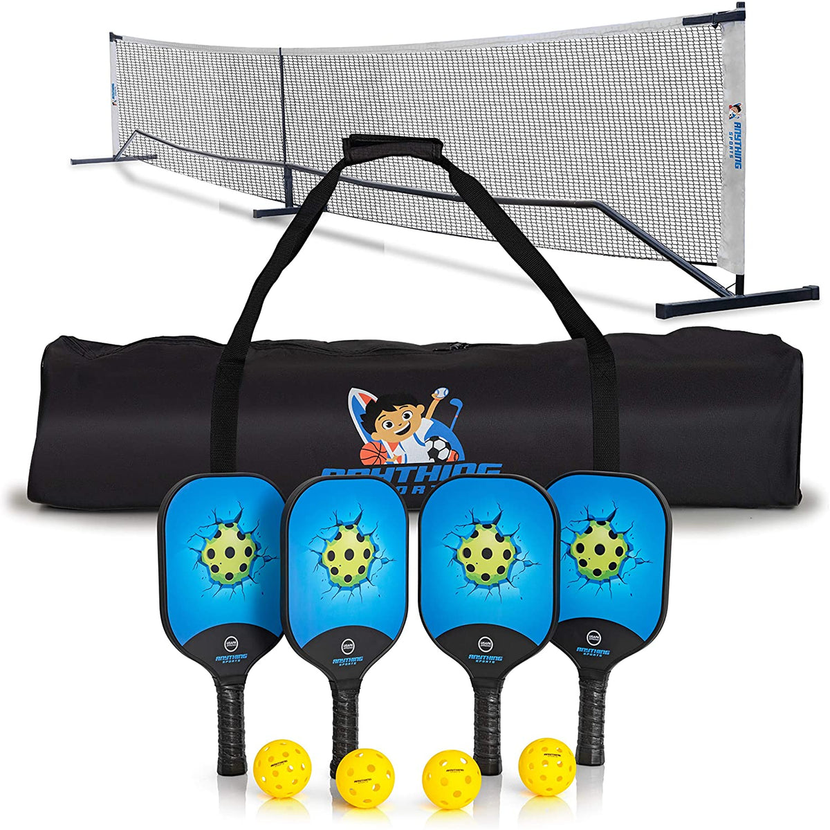 ANYTHING SPORTS - 3 in 1 Pickleball Bundle - Pickleball Net, 4 Carbon Fiber Paddles and 4 Pickleballs