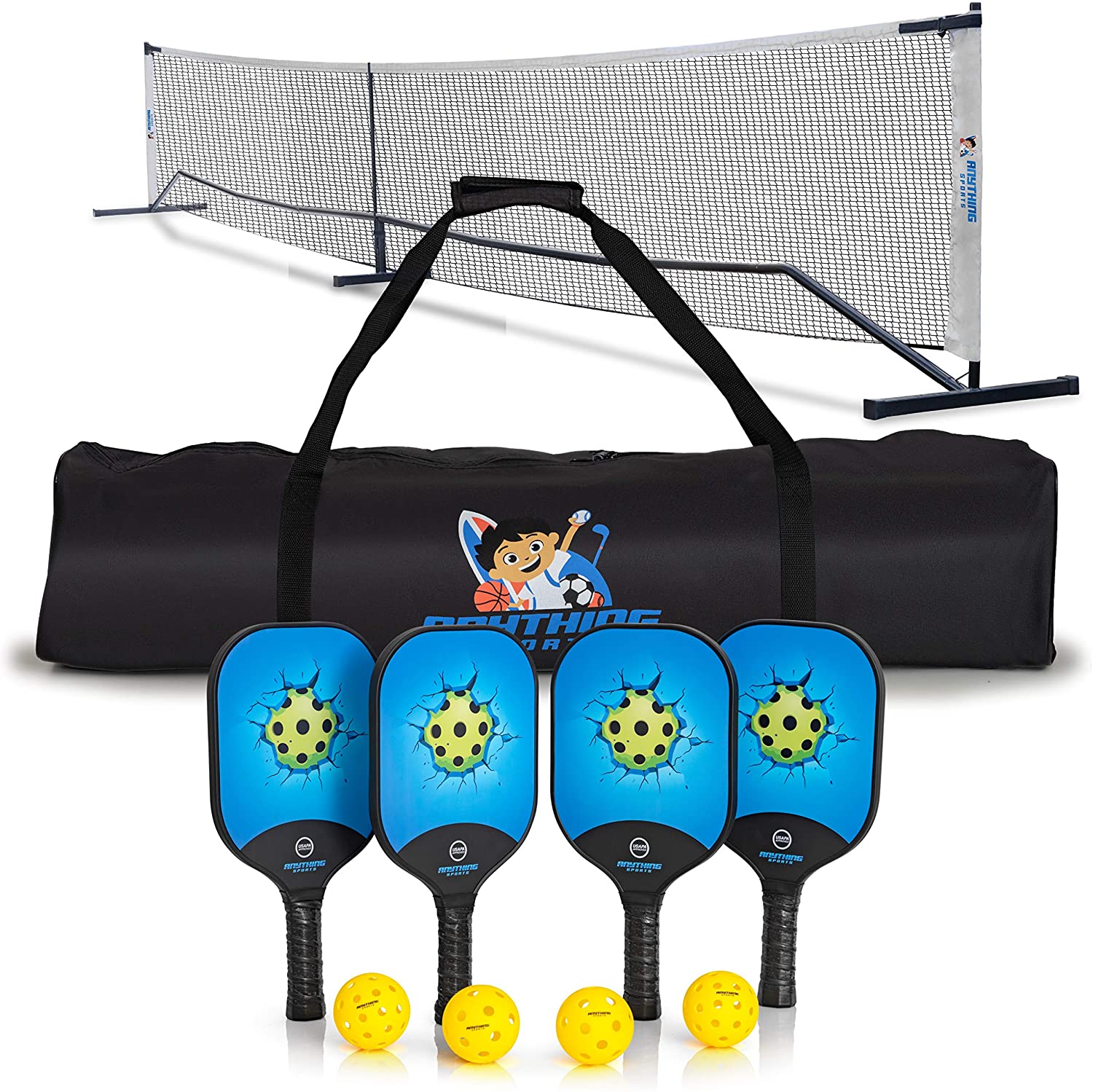ANYTHING SPORTS - 3 in 1 Pickleball Bundle - Pickleball Net, 4 Carbon Fiber Paddles and 4 Pickleballs