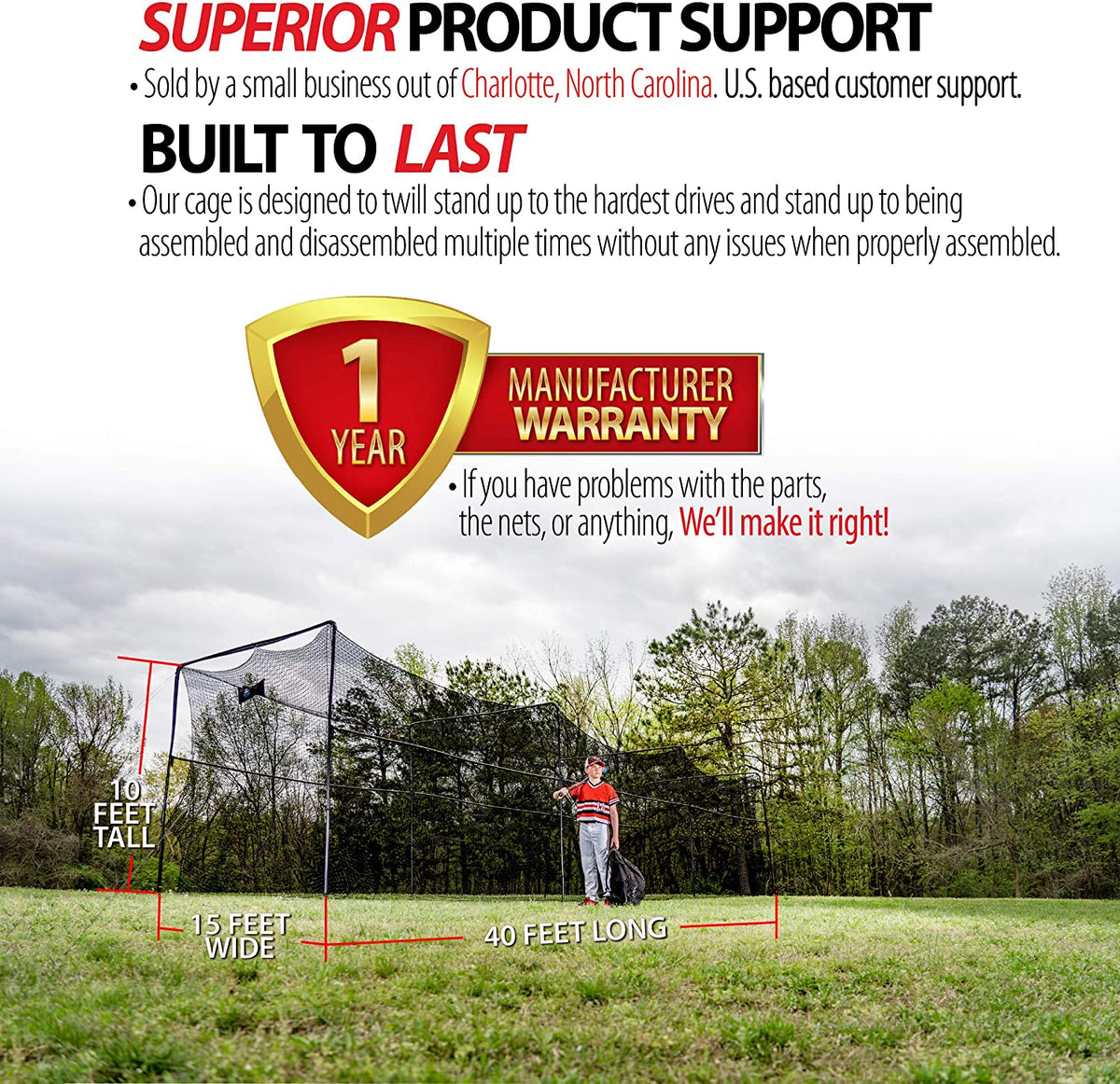 ANYTHING SPORTS 40x10 Feet Collapsable Batting Cage, Full Baseball Batting Cage with Netting and Poles